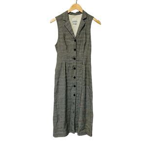 Vintage Brenda Hollon Linen Gray Plaid Sleeveless Button Up Dress Size 4